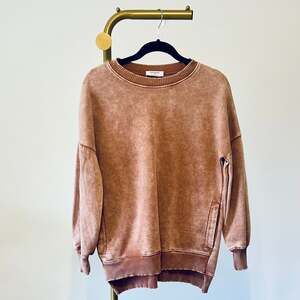 Zenana Acid Wash Crew Neck Pullover Brown